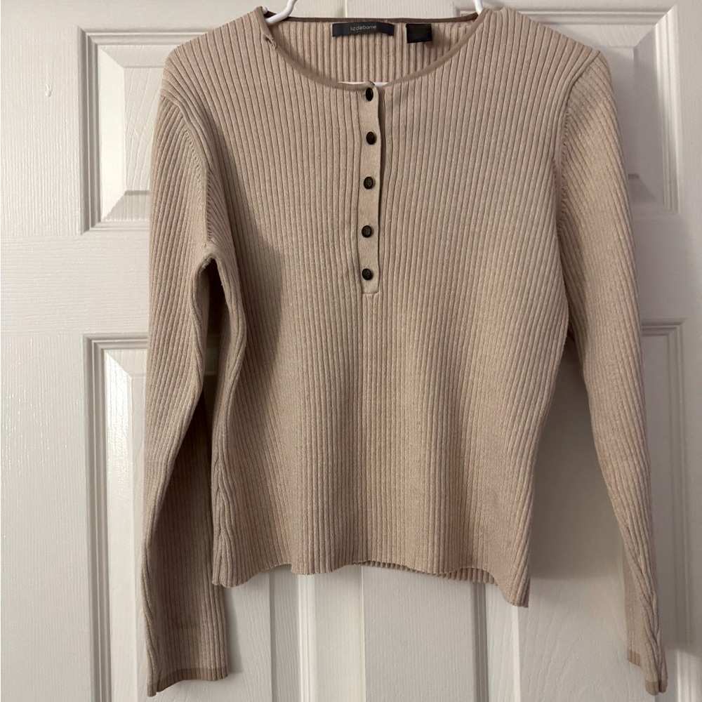 Liz Claiborne Beige Ribbed Button-Down Top